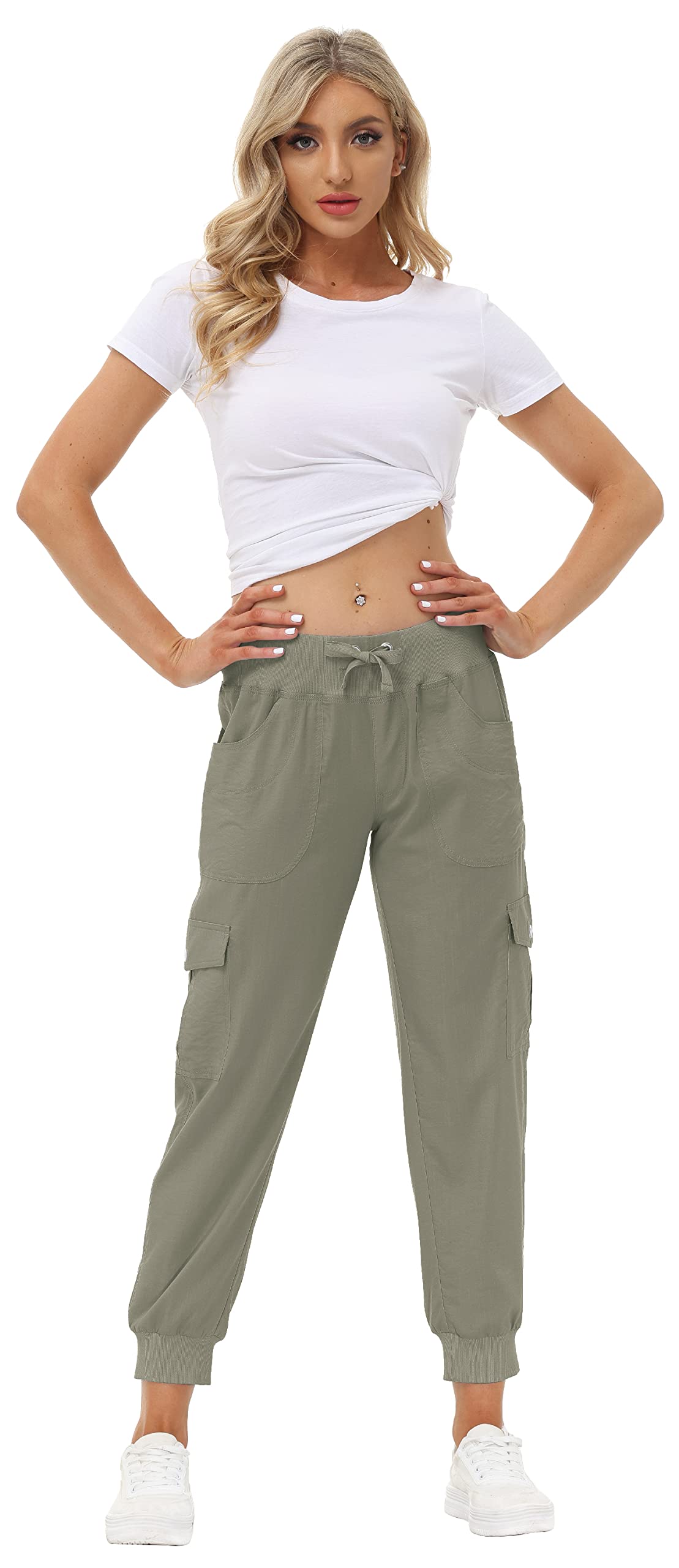 MoFiz Women's Lightweight Hiking Cargo Pants Outdoor Quick Dry Casual Travel Sweatpants Joggers Elastic Waist Button Pockets