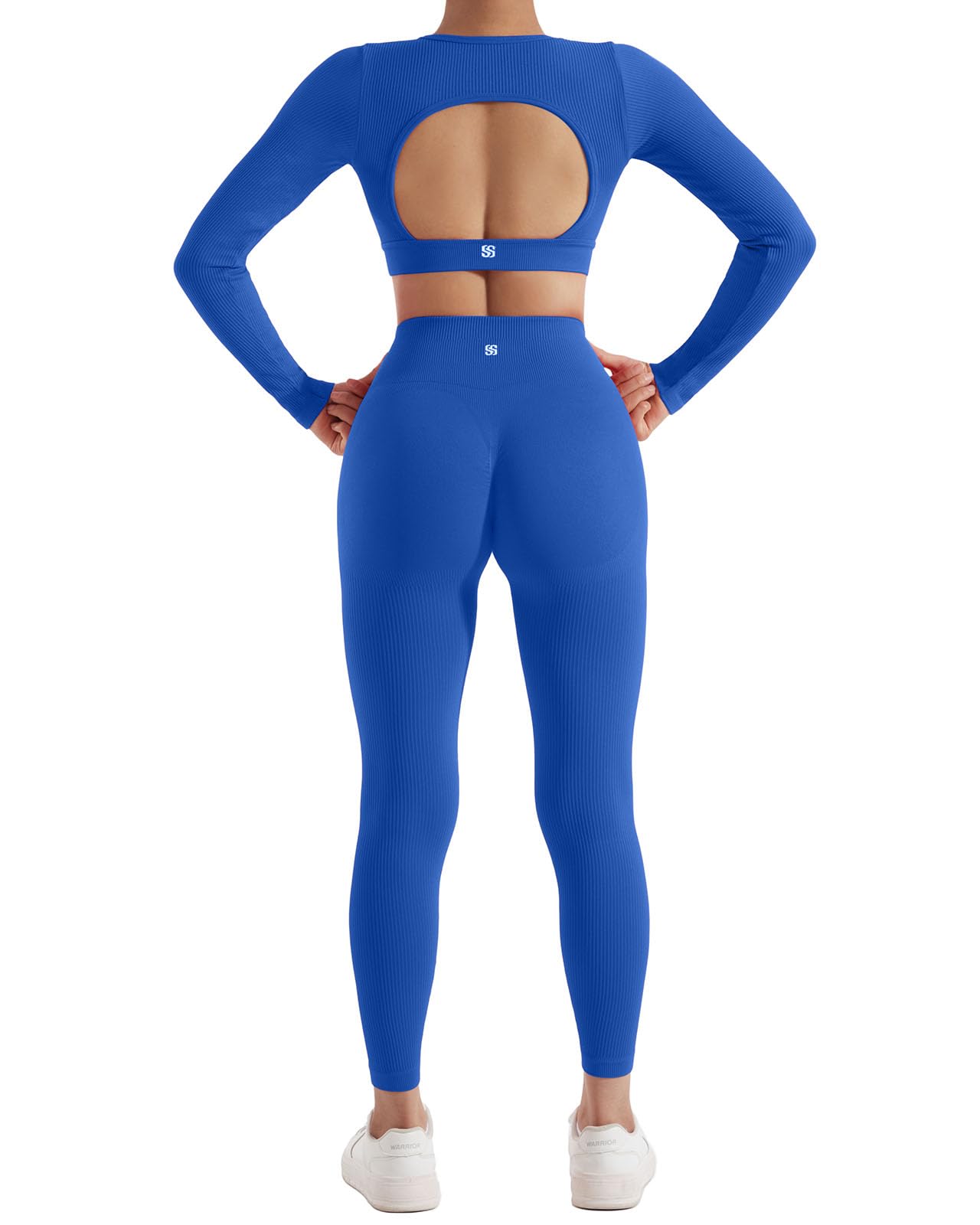 SUUKSESS Open Back Long Sleeve Scrunch Butt Booty Leggings Seamless Ribbed Workout Sets 2 Piece Outfits