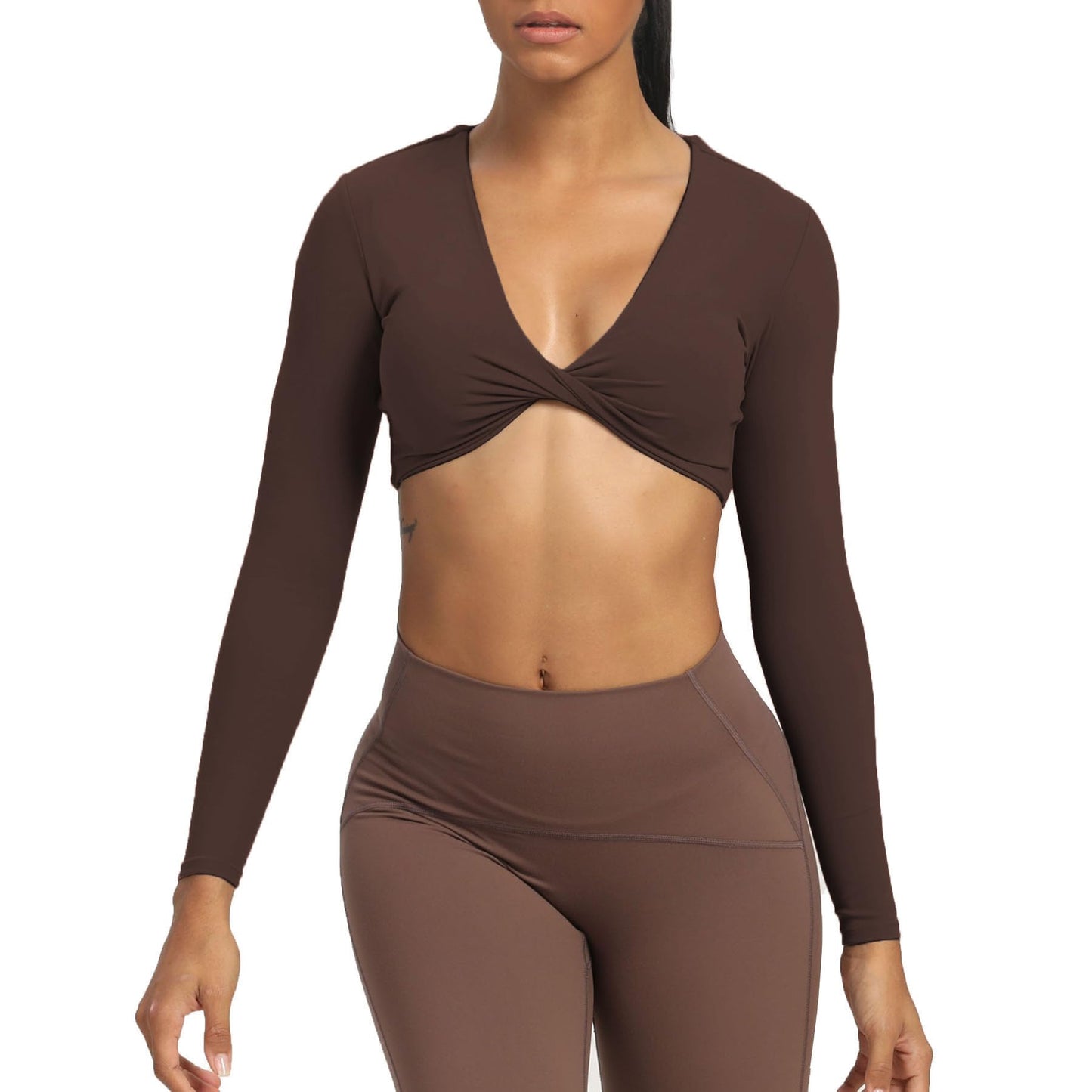 Aoxjox Long Sleeve Crop Tops for Women Sienna Twist Deep V Workout Crop T Shirt Top