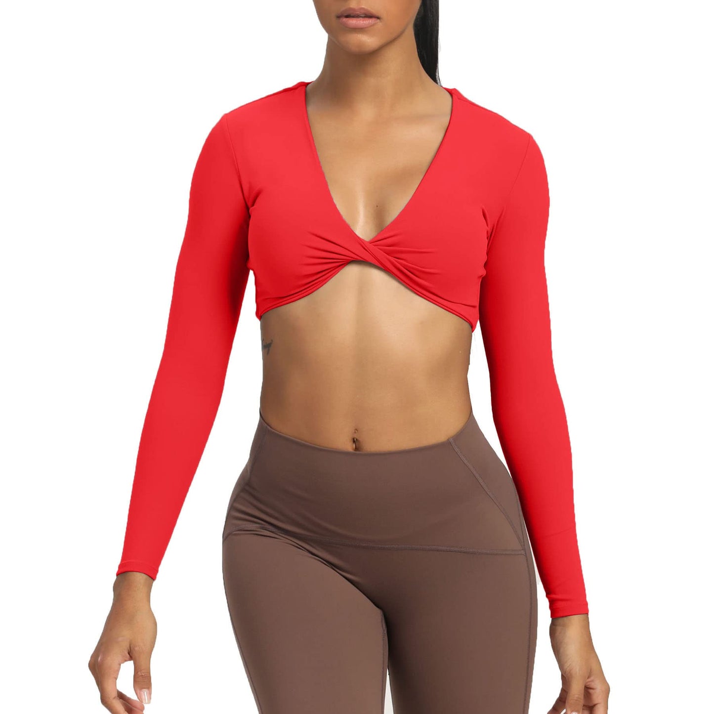 Aoxjox Long Sleeve Crop Tops for Women Sienna Twist Deep V Workout Crop T Shirt Top