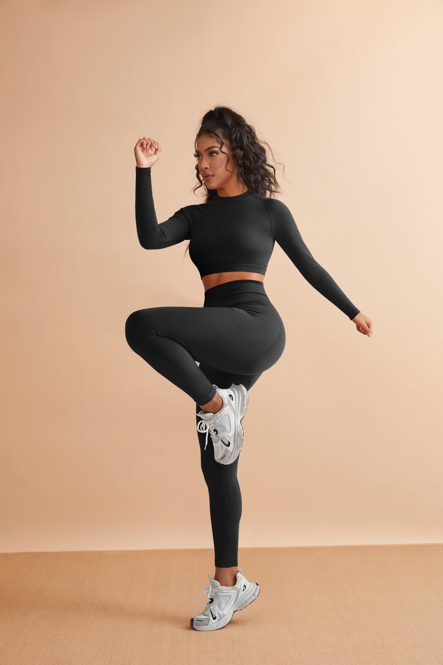 RXRXCOCO Seamless Workout Sets for Women 2 Piece Hidden Scrunch Butt Lifting Leggings Raglan Sleeves Crop Tops Matching