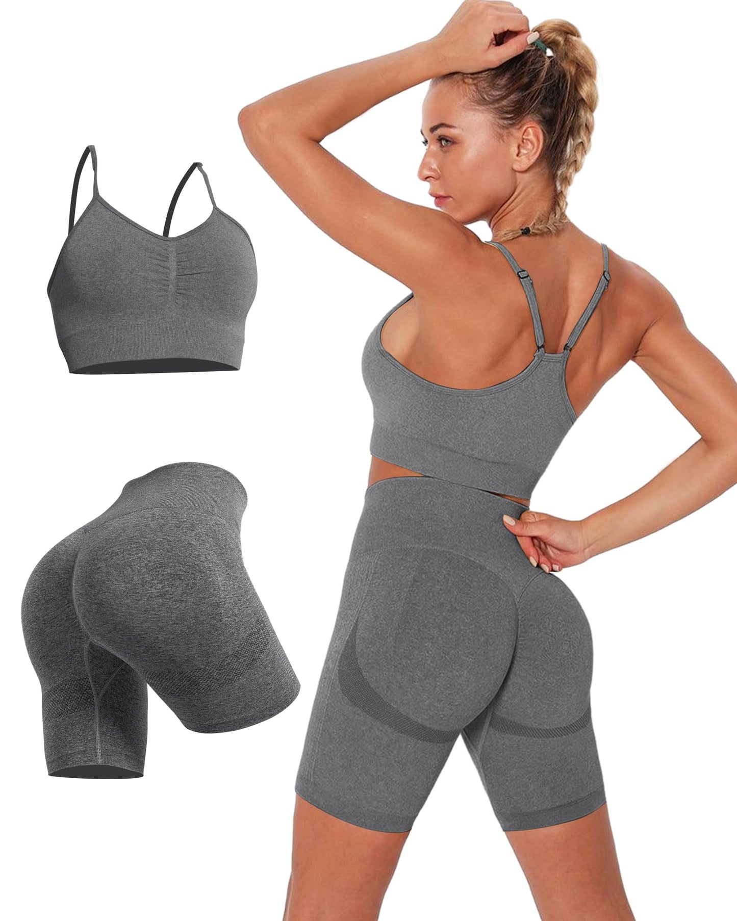 Workout Sets for Women 2 Piece Strappy Sports Bra High Waist Booty Biker Shorts Exercise Gym Yoga Outfits