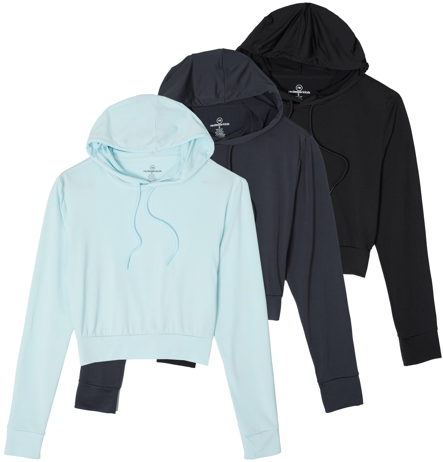 Real Essentials 3 Pack: Women's Dry-Fit Long Sleeve Cropped Hoodie - Athletic Hooded Crop Sweatshirt (Available in Plus Size)