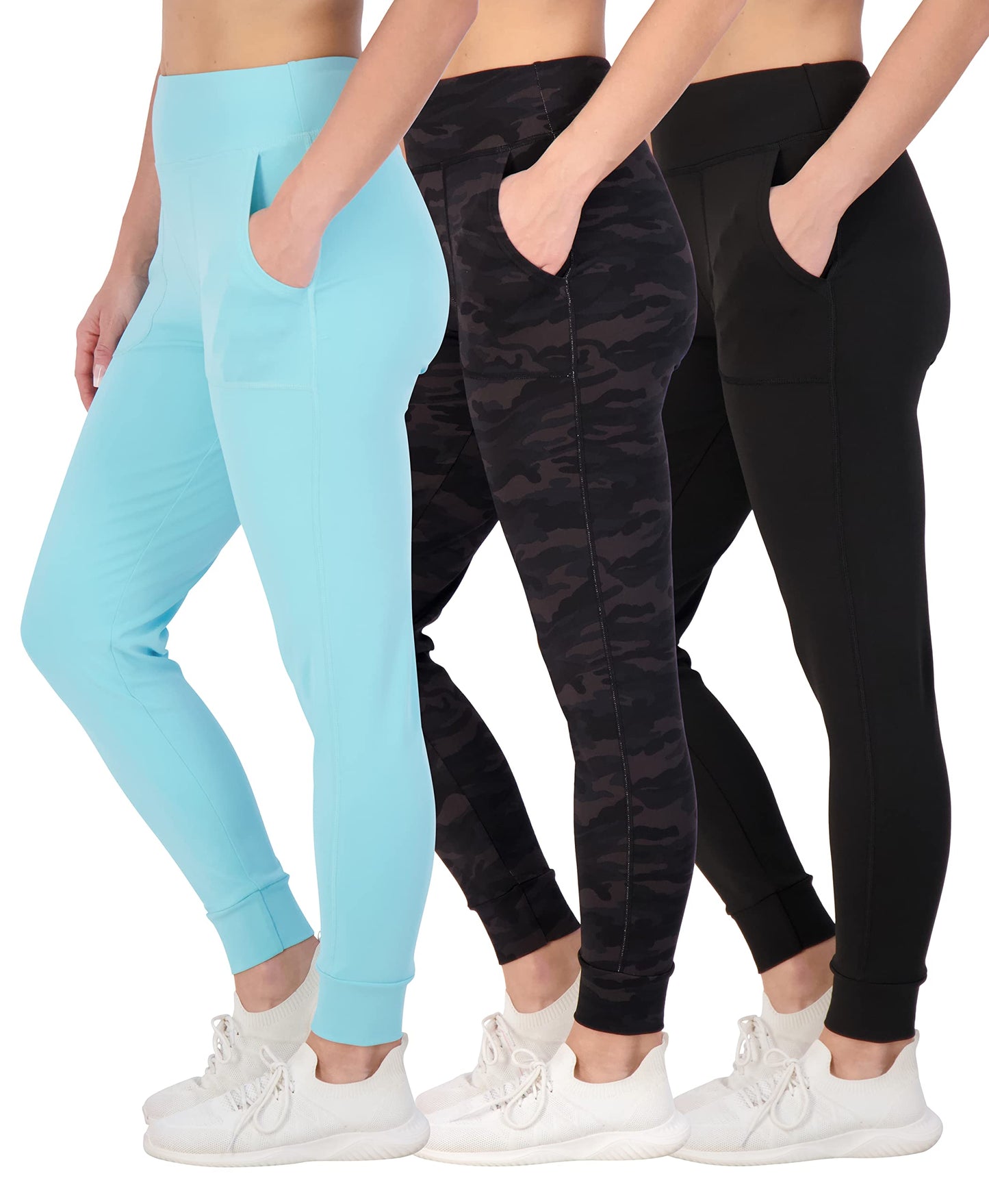 Real Essentials 3 Pack: Women's Joggers with Pockets - High Waist Workout Yoga Tapered Athletic Leggings (Available in Plus)