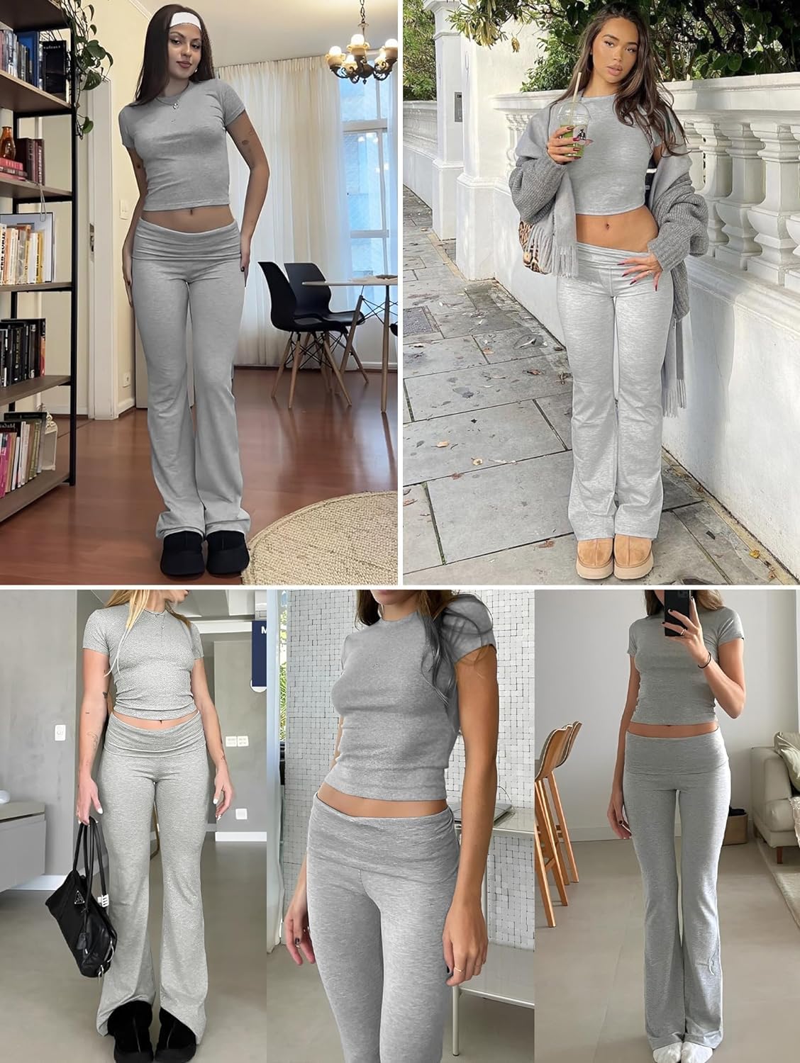 ZFLM Casual Workout Two Piece Outfits for Women Short Sleeve Crop High Waist Foldover Flare Pants Tracksuit Sets Streetwear