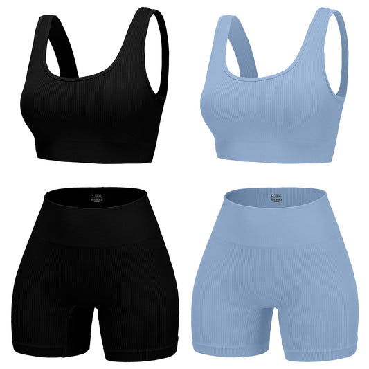 4 Piece Workout Sets for Women Seamless Ribbed High Waist Yoga shorts with Sports Bra Outfits