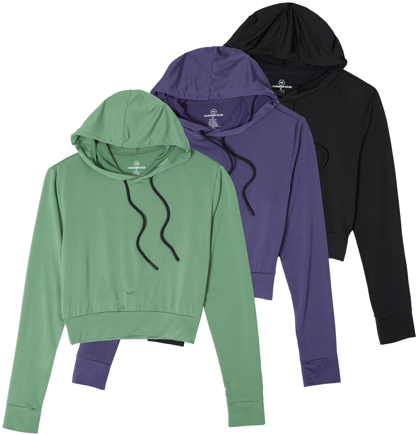 Real Essentials 3 Pack: Women's Dry-Fit Long Sleeve Cropped Hoodie - Athletic Hooded Crop Sweatshirt (Available in Plus Size)