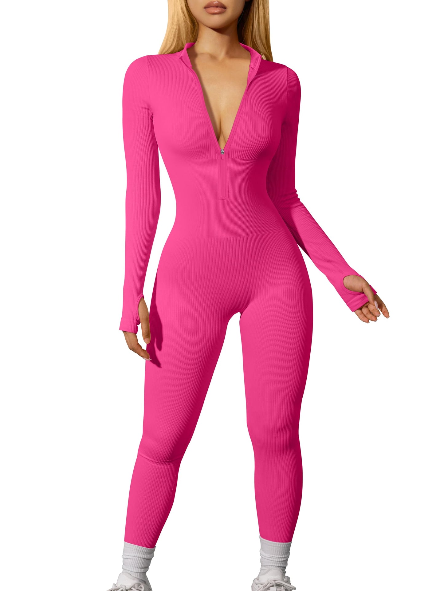 OQQ Women Yoga Jumpsuits Workout Ribbed Long Sleeve Zip Front Sport Jumpsuits