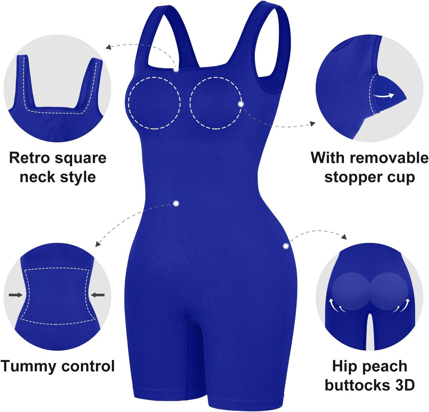 Popilush Shapewear Jumpsuits for Women Built-in Bra Square Neck Rompers Shorts Bodycon Bodysuits Summer Outfits