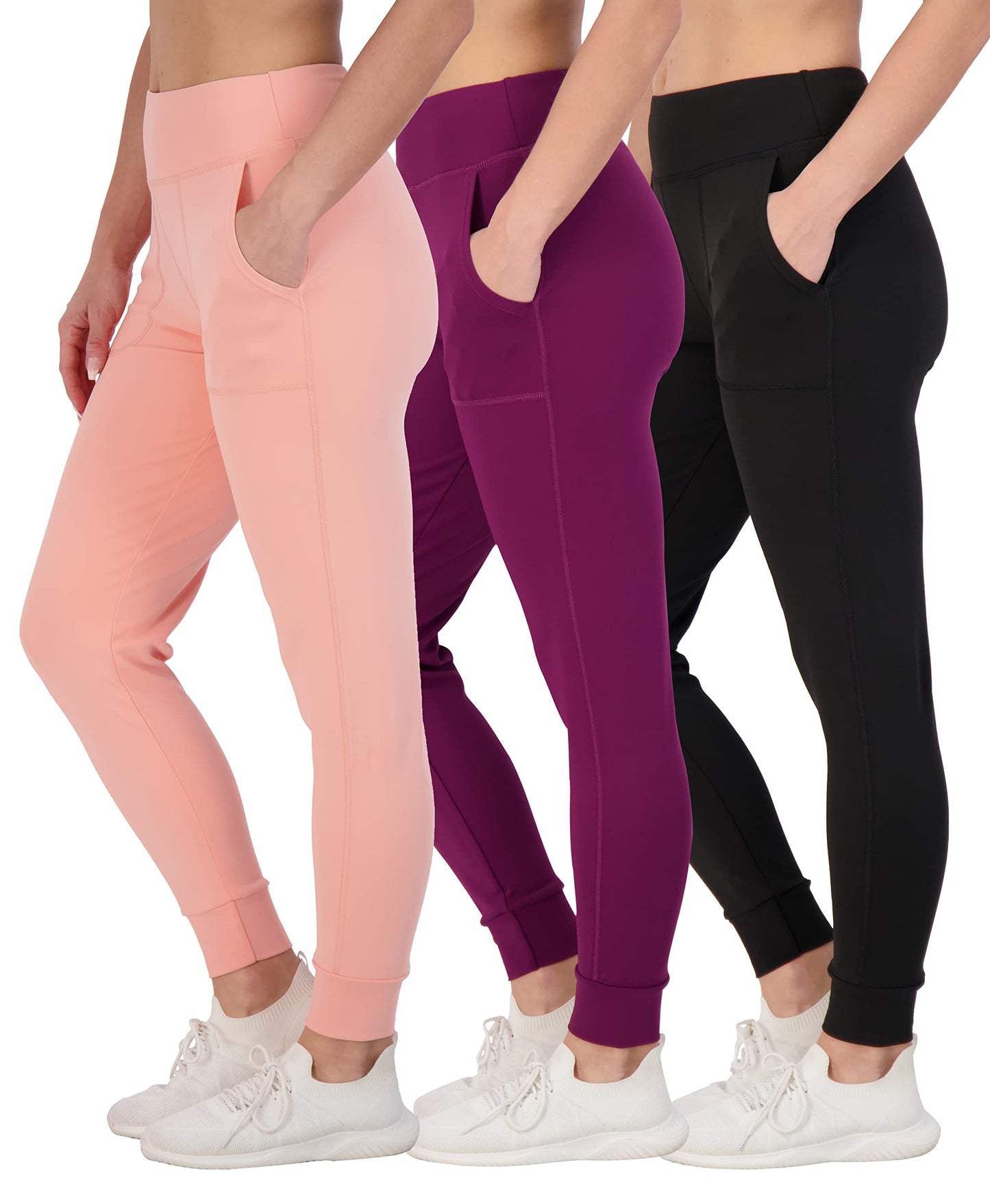 Real Essentials 3 Pack: Women's Joggers with Pockets - High Waist Workout Yoga Tapered Athletic Leggings (Available in Plus)