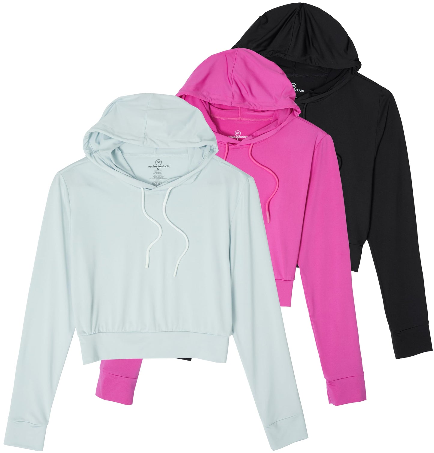 Real Essentials 3 Pack: Women's Dry-Fit Long Sleeve Cropped Hoodie - Athletic Hooded Crop Sweatshirt (Available in Plus Size)