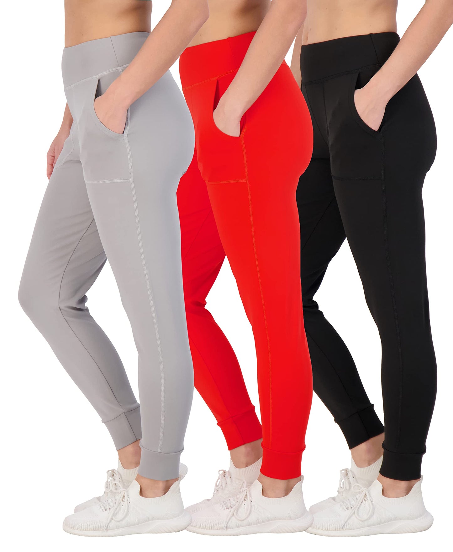 Real Essentials 3 Pack: Women's Joggers with Pockets - High Waist Workout Yoga Tapered Athletic Leggings (Available in Plus)