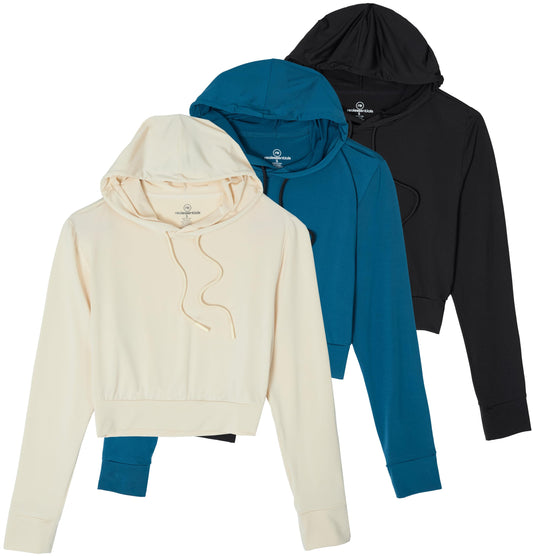 Real Essentials 3 Pack: Women's Dry-Fit Long Sleeve Cropped Hoodie - Athletic Hooded Crop Sweatshirt (Available in Plus Size)