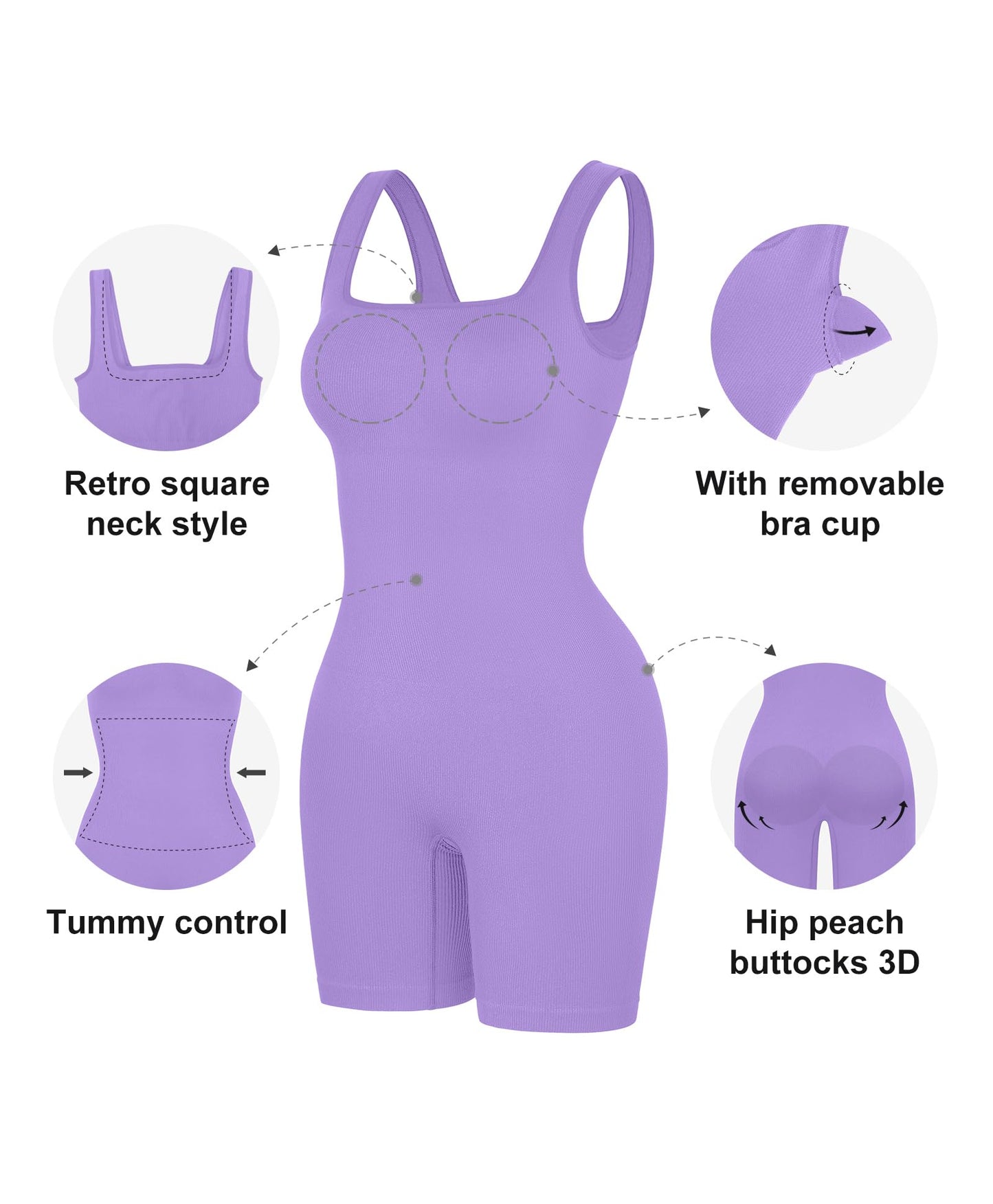 Popilush Shapewear Jumpsuits for Women Built-in Bra Square Neck Rompers Shorts Bodycon Bodysuits Summer Outfits