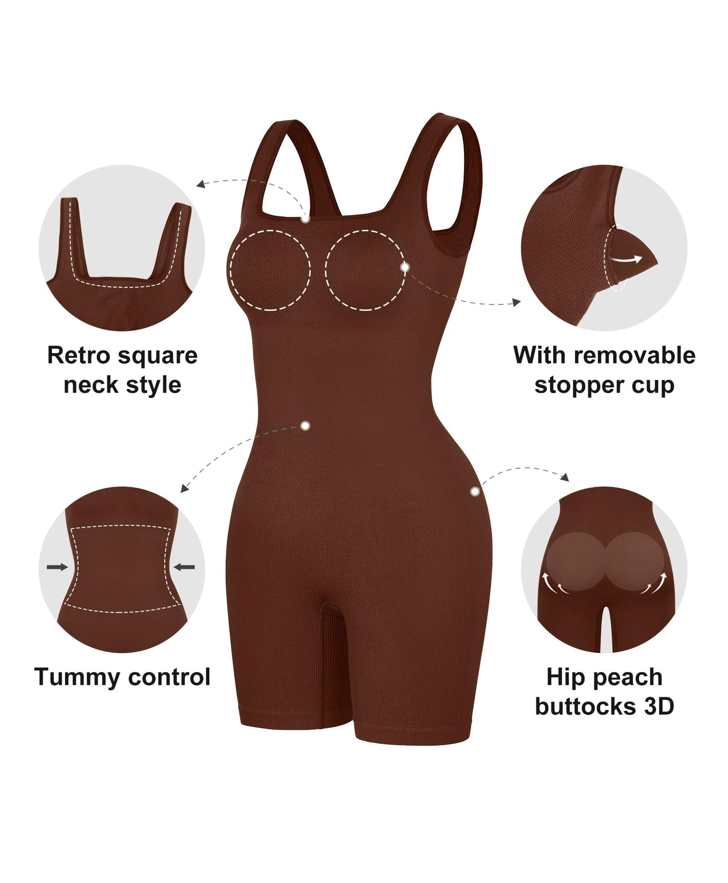 Popilush Shapewear Jumpsuits for Women Built-in Bra Square Neck Rompers Shorts Bodycon Bodysuits Summer Outfits