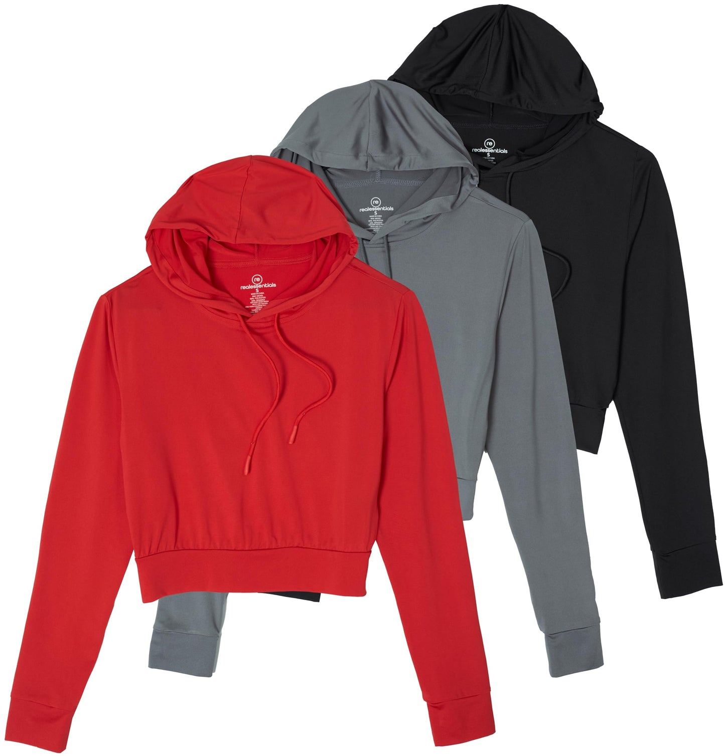 Real Essentials 3 Pack: Women's Dry-Fit Long Sleeve Cropped Hoodie - Athletic Hooded Crop Sweatshirt (Available in Plus Size)