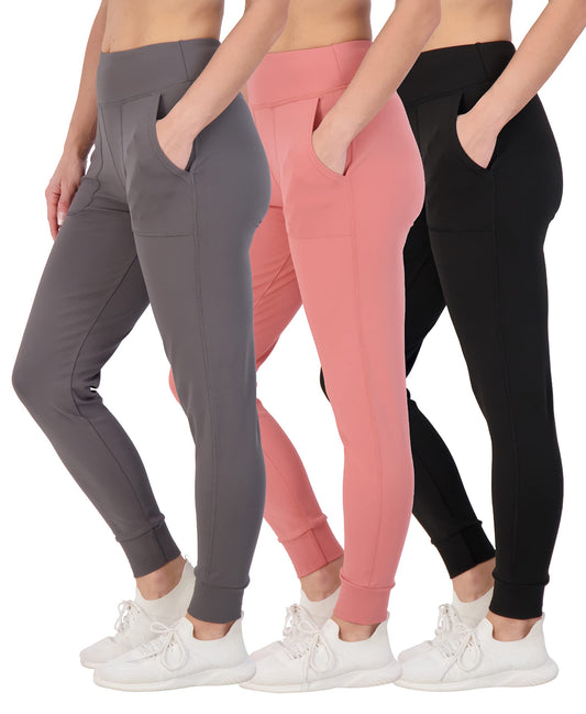 Real Essentials 3 Pack: Women's Joggers with Pockets - High Waist Workout Yoga Tapered Athletic Leggings (Available in Plus)