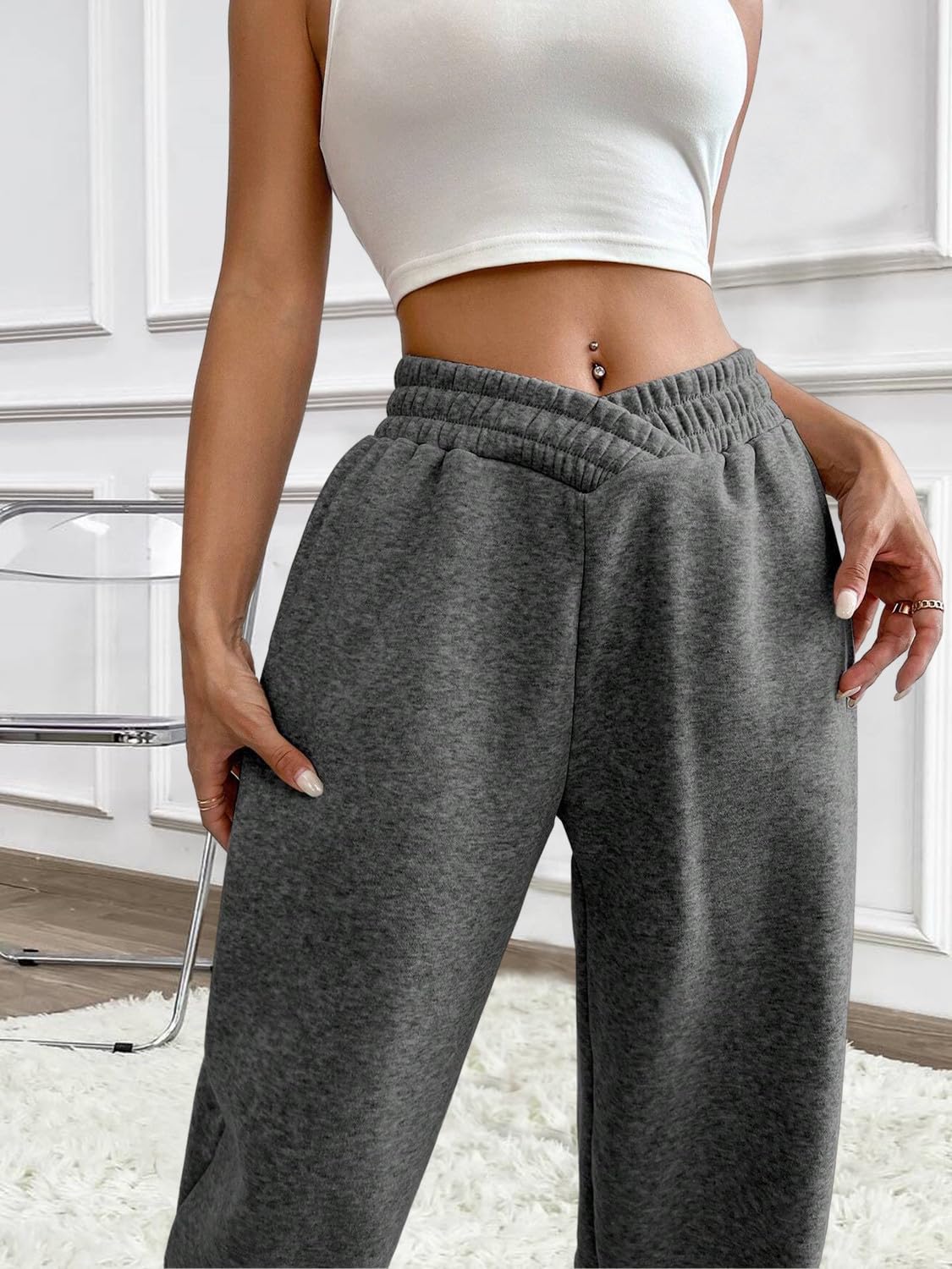 HOPYOP Women's Casual Joggers Pants V Crossover High Waisted Baggy Lounge Bottoms Pants Leggings