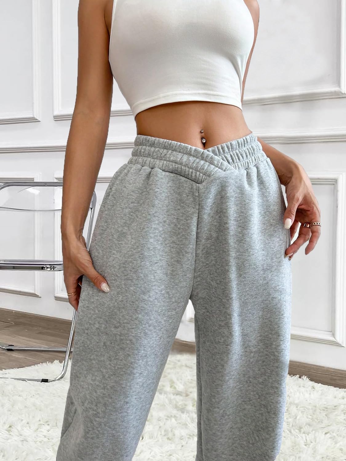 HOPYOP Women's Casual Joggers Pants V Crossover High Waisted Baggy Lounge Bottoms Pants Leggings