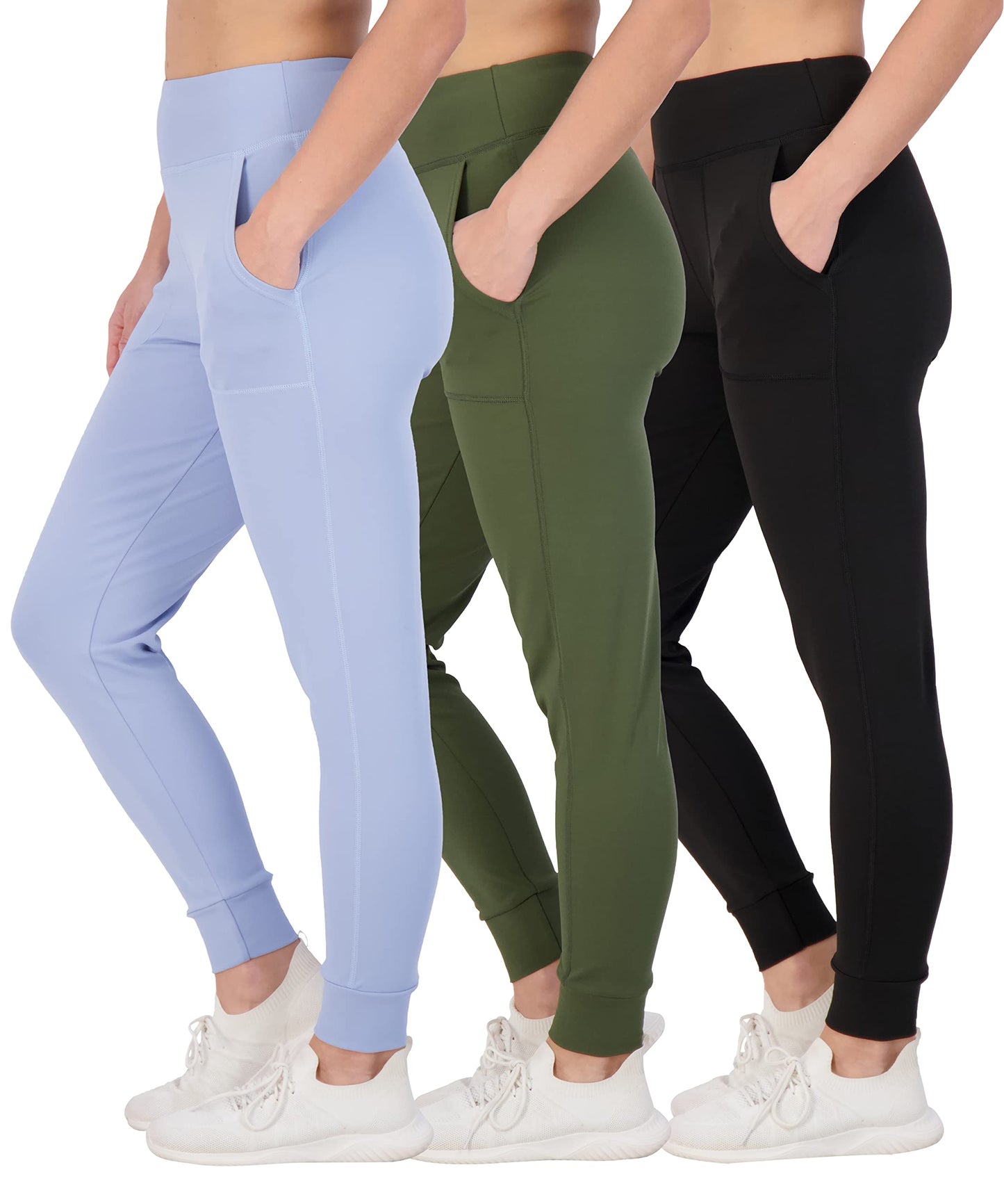 Real Essentials 3 Pack: Women's Joggers with Pockets - High Waist Workout Yoga Tapered Athletic Leggings (Available in Plus)