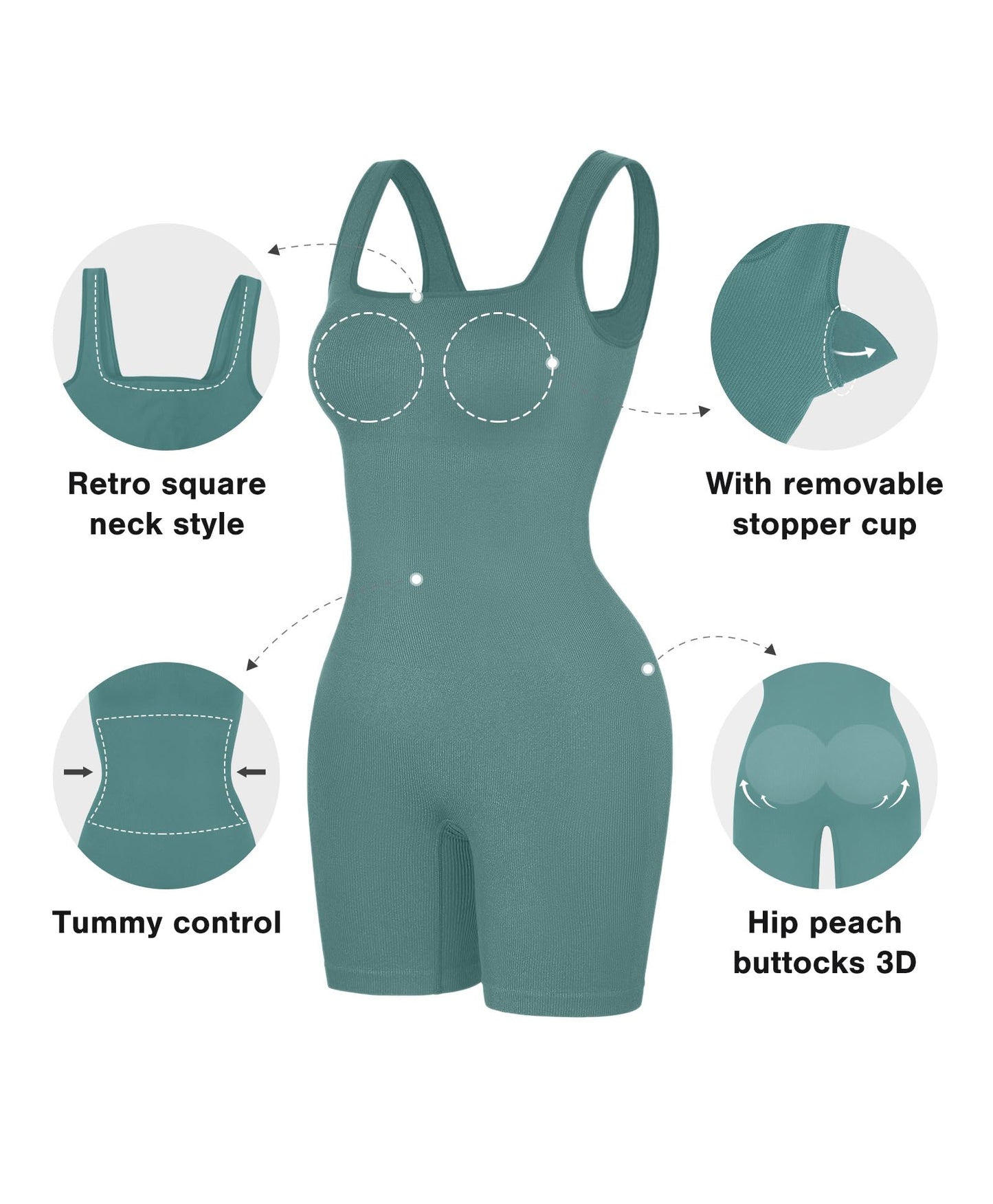 Popilush Shapewear Jumpsuits for Women Built-in Bra Square Neck Rompers Shorts Bodycon Bodysuits Summer Outfits