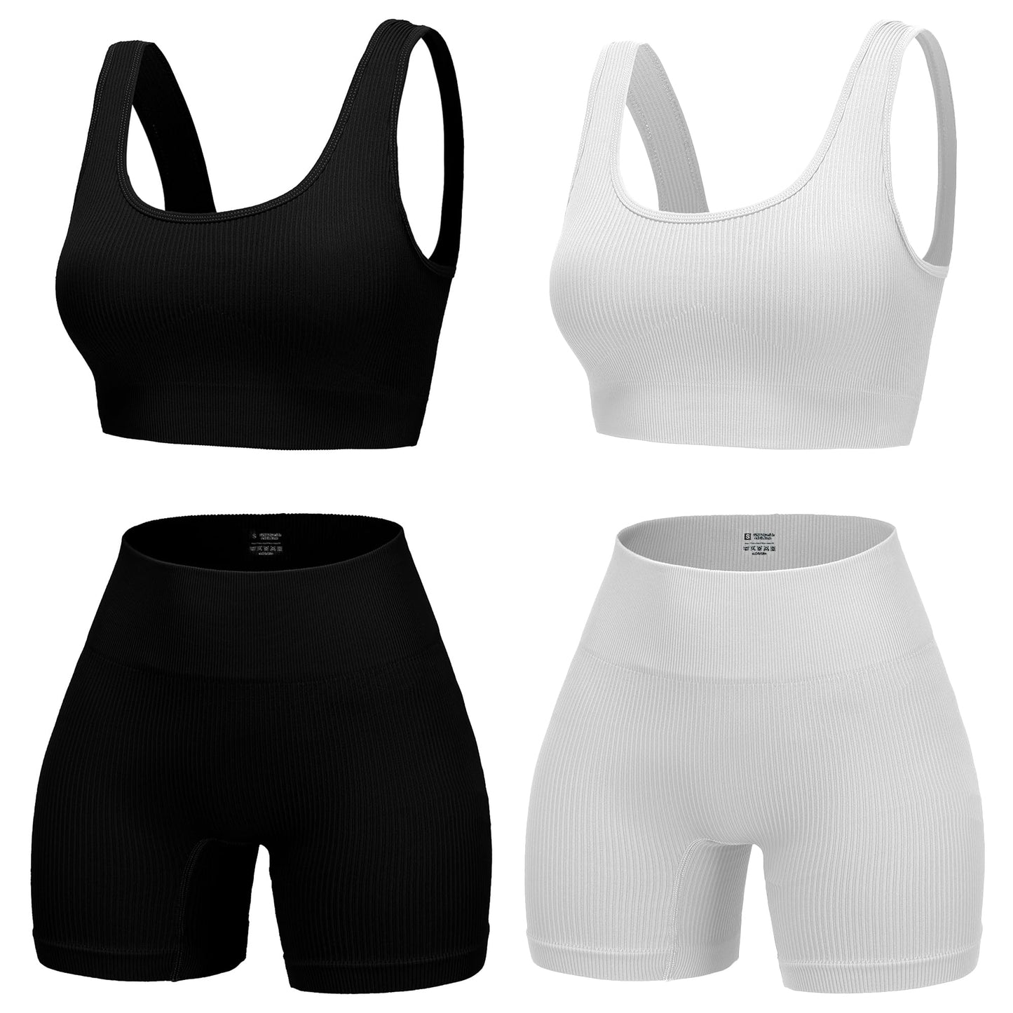 4 Piece Workout Sets for Women Seamless Ribbed High Waist Yoga shorts with Sports Bra Outfits