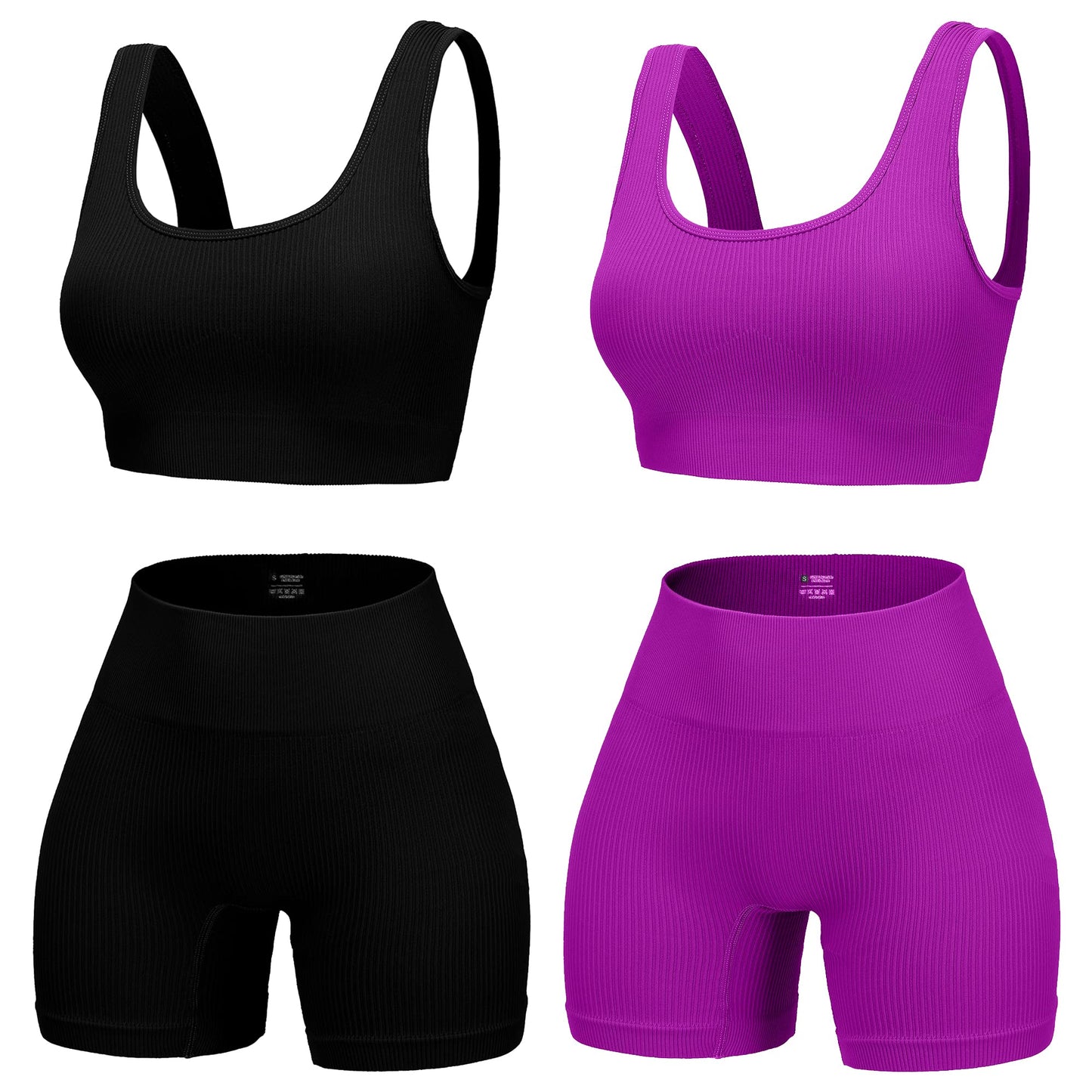 4 Piece Workout Sets for Women Seamless Ribbed High Waist Yoga shorts with Sports Bra Outfits