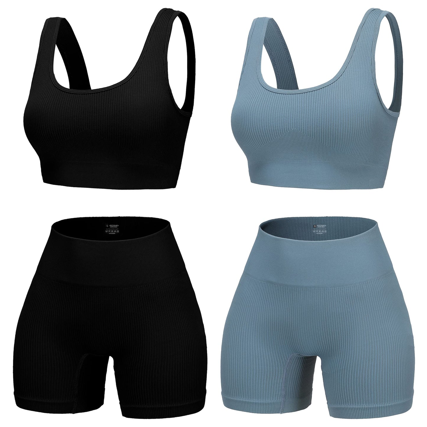 4 Piece Workout Sets for Women Seamless Ribbed High Waist Yoga shorts with Sports Bra Outfits