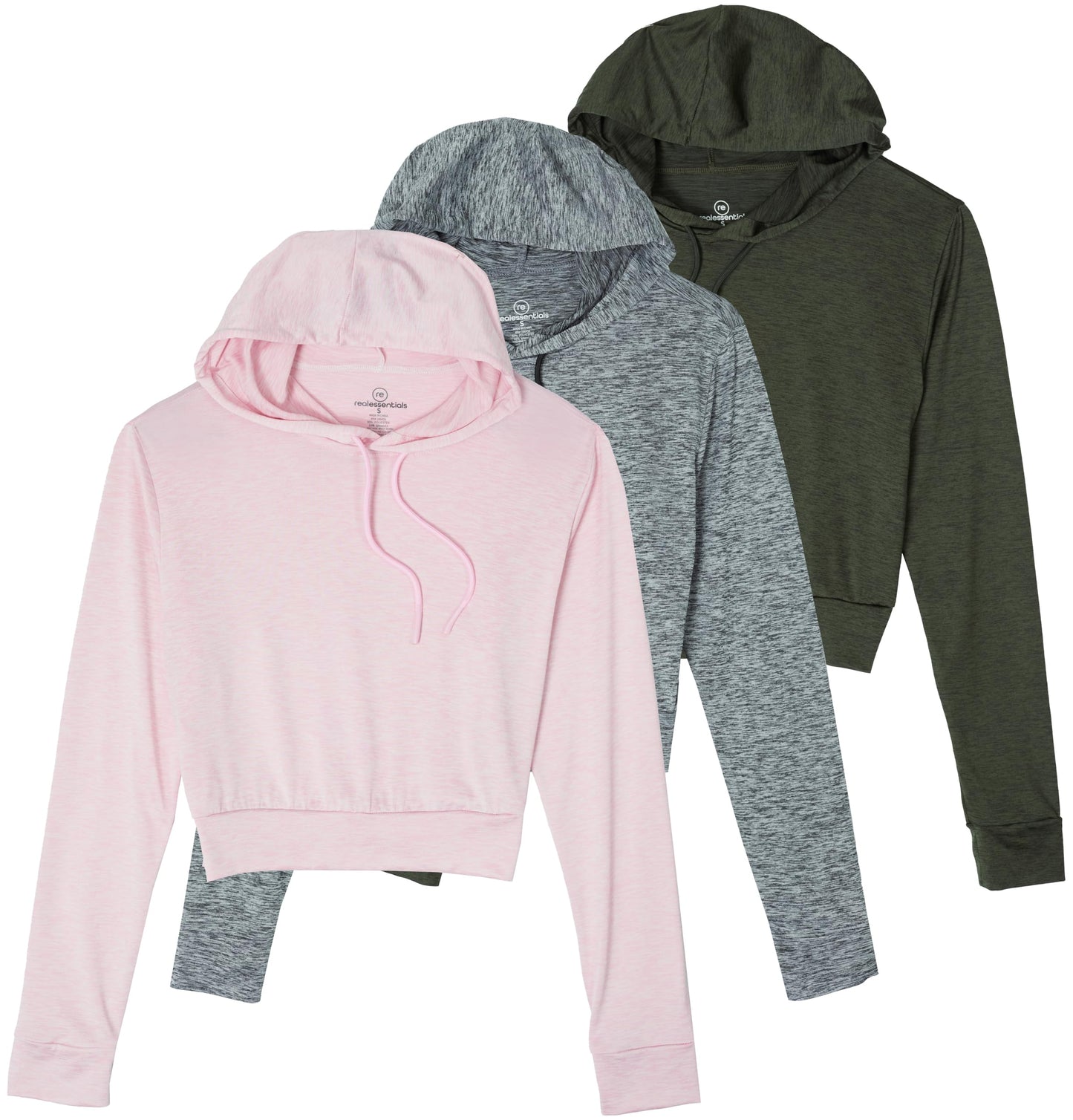 Real Essentials 3 Pack: Women's Dry-Fit Long Sleeve Cropped Hoodie - Athletic Hooded Crop Sweatshirt (Available in Plus Size)