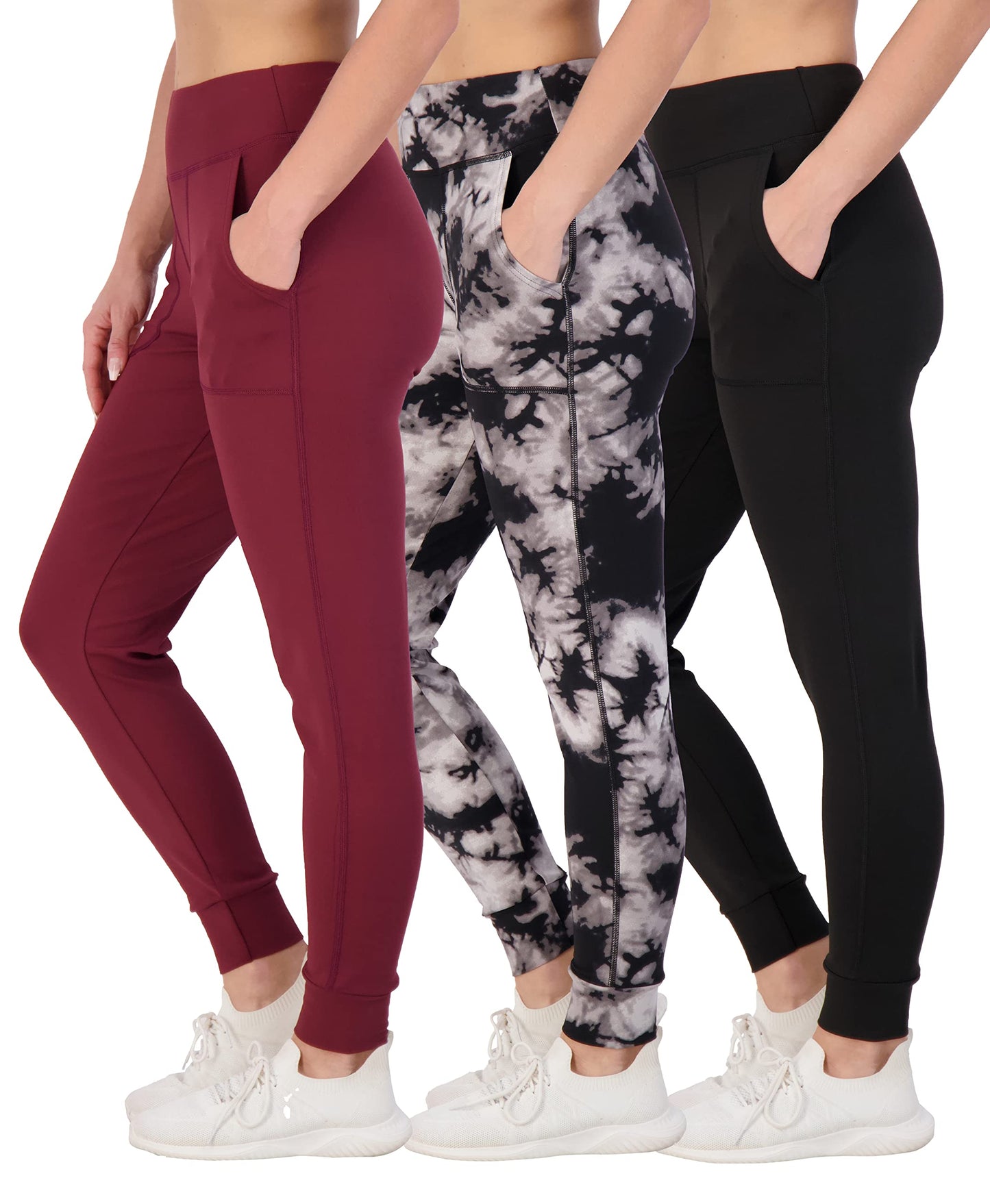 Real Essentials 3 Pack: Women's Joggers with Pockets - High Waist Workout Yoga Tapered Athletic Leggings (Available in Plus)