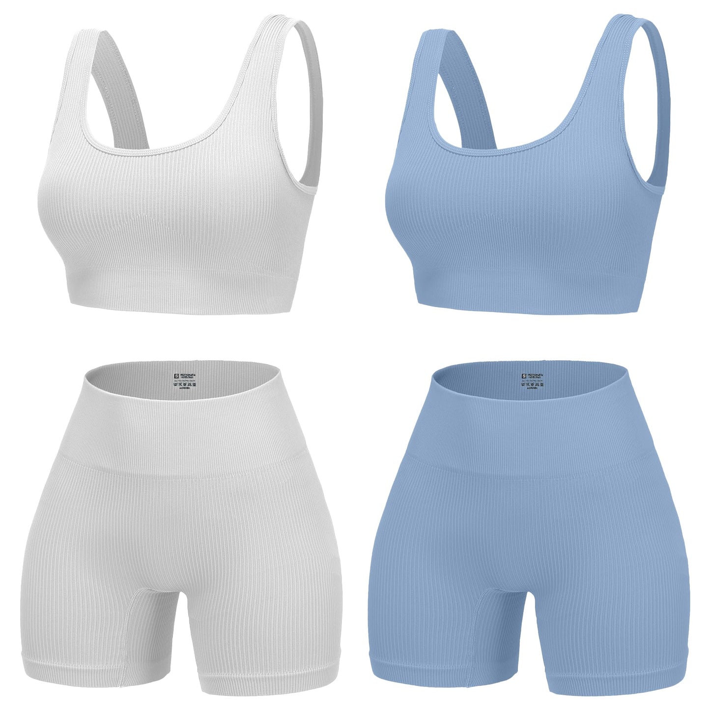 4 Piece Workout Sets for Women Seamless Ribbed High Waist Yoga shorts with Sports Bra Outfits