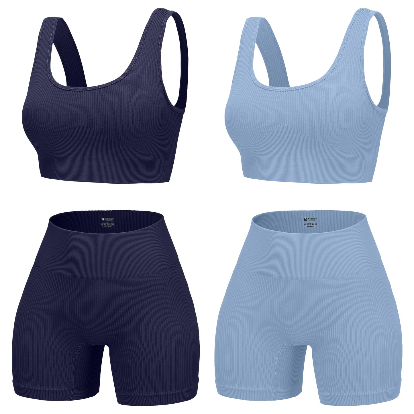 4 Piece Workout Sets for Women Seamless Ribbed High Waist Yoga shorts with Sports Bra Outfits