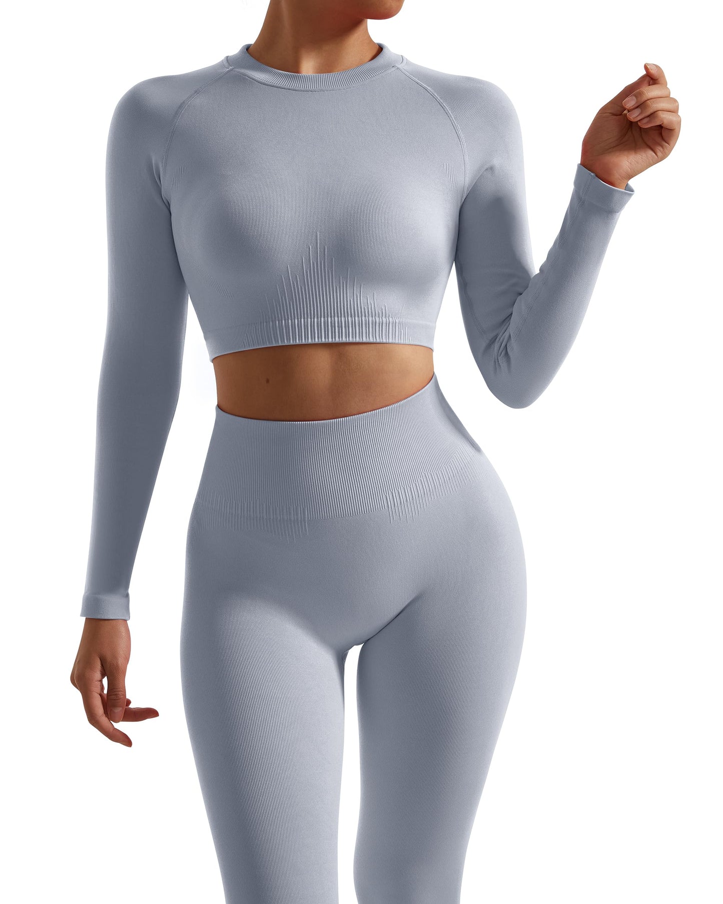 RXRXCOCO Seamless Workout Sets for Women 2 Piece Hidden Scrunch Butt Lifting Leggings Raglan Sleeves Crop Tops Matching