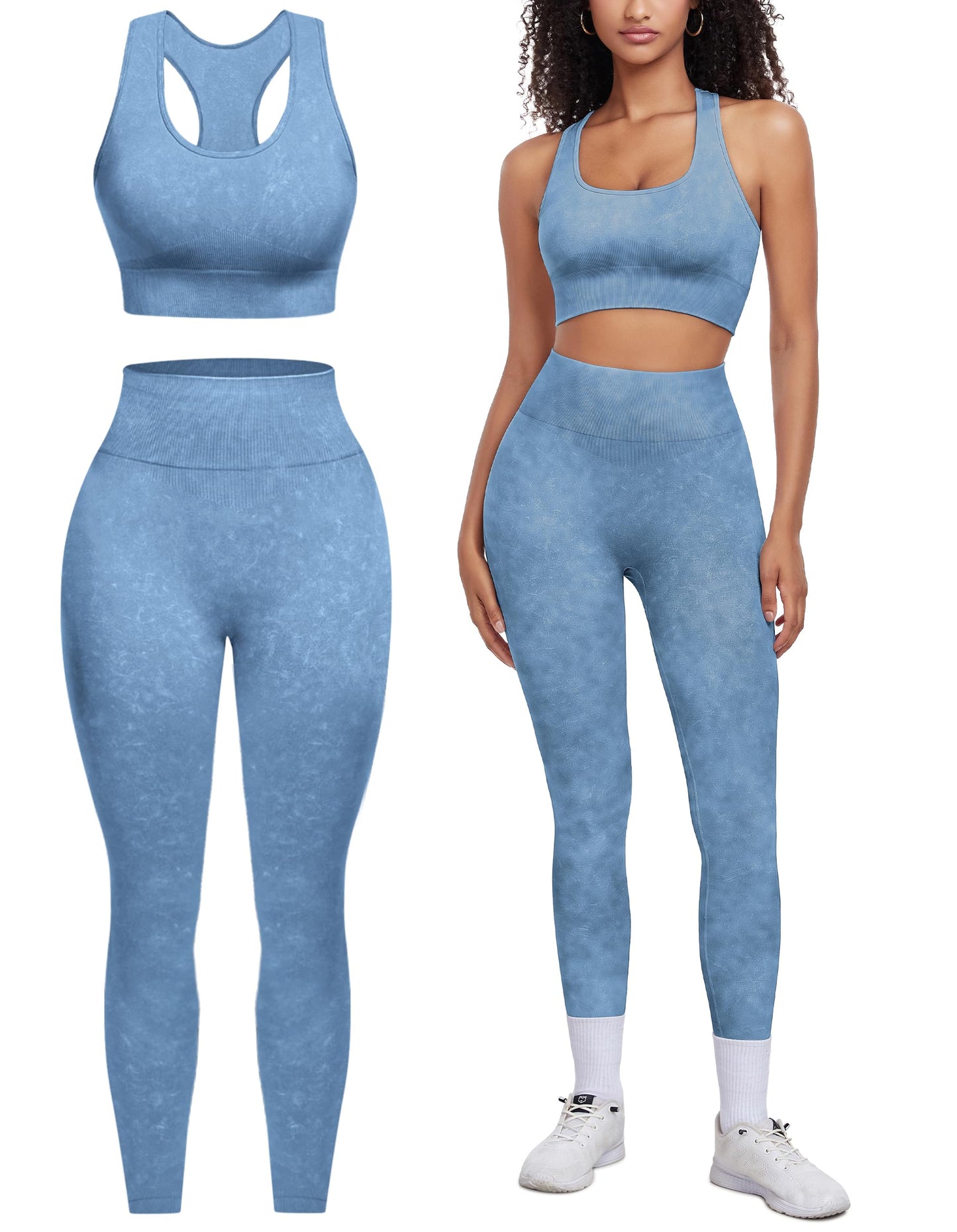 OLCHEE Womens Workout Sets 2 Piece - Acid Wash Seamless Yoga Outfits High Waist Leggings Padded Racerback Sports Bra Gym Set