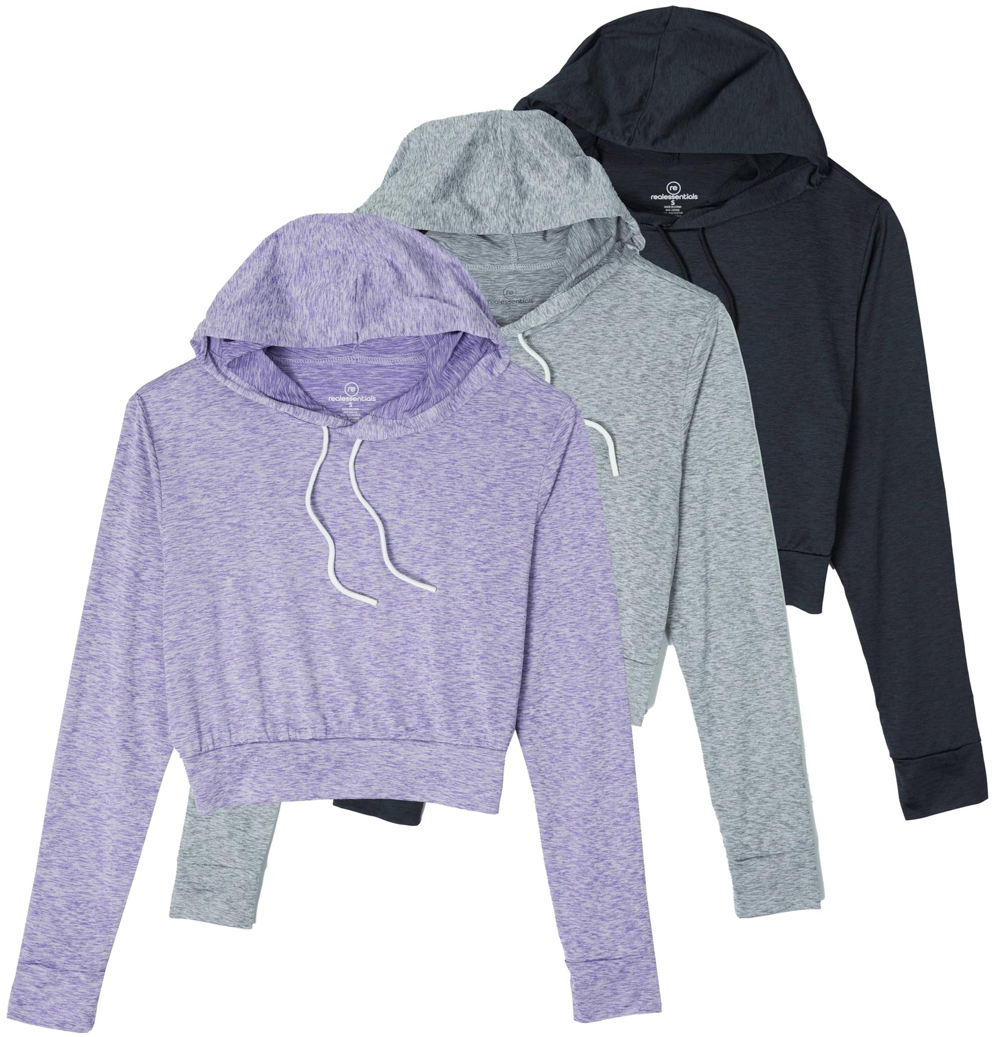 Real Essentials 3 Pack: Women's Dry-Fit Long Sleeve Cropped Hoodie - Athletic Hooded Crop Sweatshirt (Available in Plus Size)