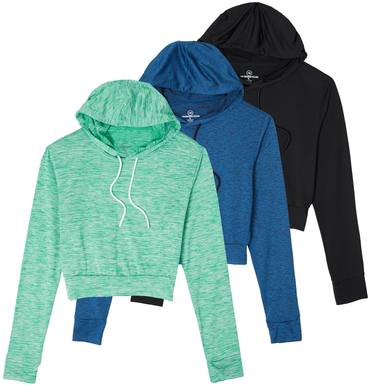 Real Essentials 3 Pack: Women's Dry-Fit Long Sleeve Cropped Hoodie - Athletic Hooded Crop Sweatshirt (Available in Plus Size)